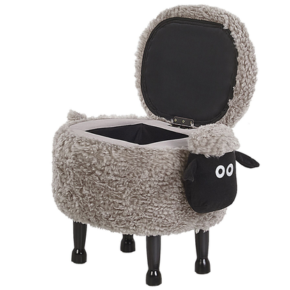 Pasture Pals Kids Grey Faux Fur Animal Stool With Hidden Storage And Sturdy Wooden Legs