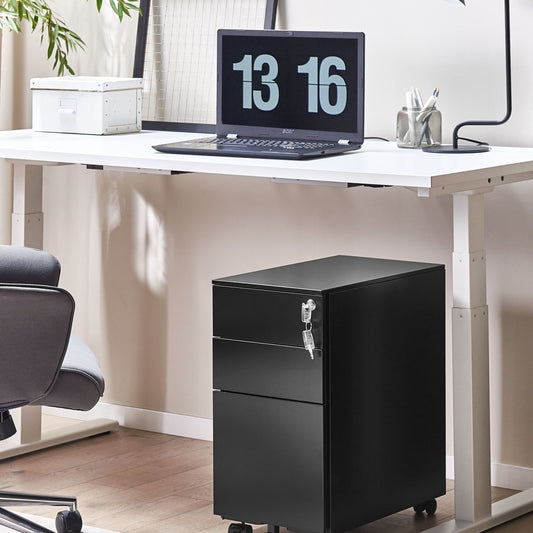 Premium Black Metal Storage Cabinet 3 Drawers Key Lock Castors