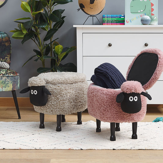 CuddleKids Pink Sheep Faux Fur Footstool With Storage Black Legs
