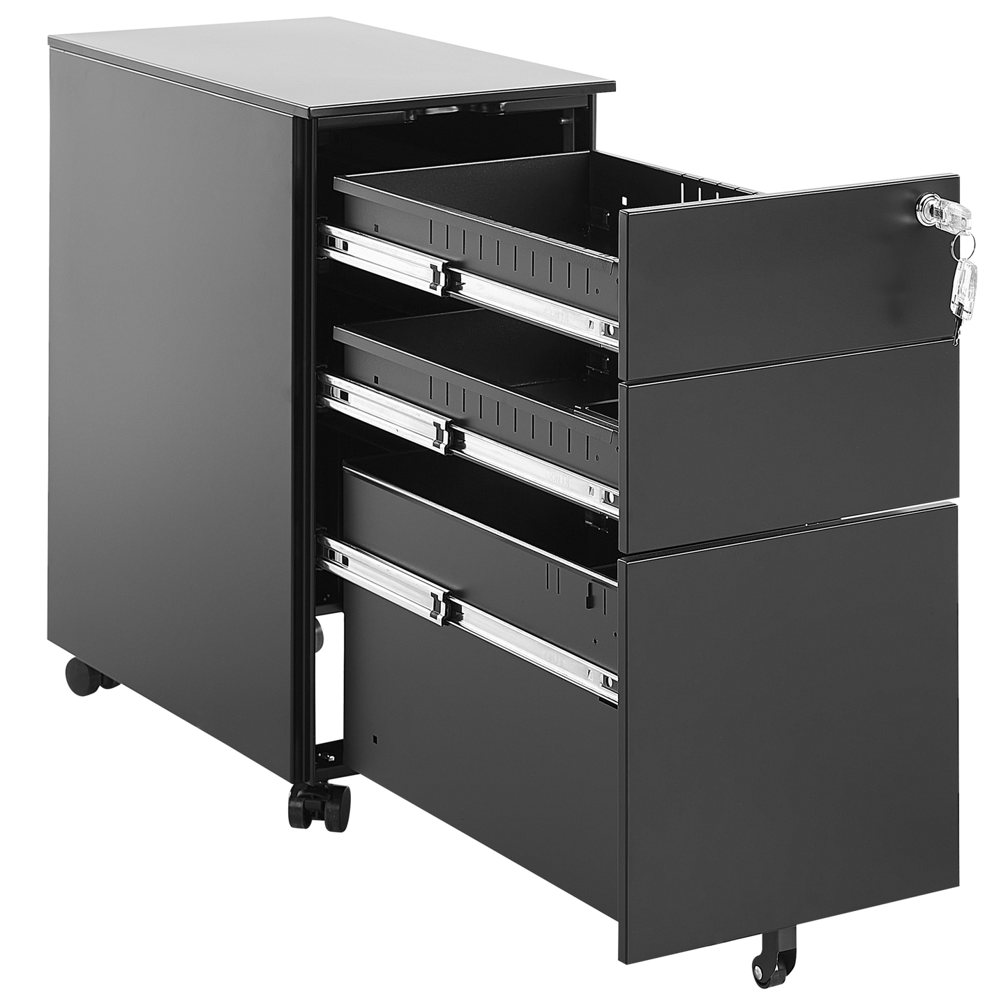 Premium Black Metal Storage Cabinet 3 Drawers Key Lock Castors
