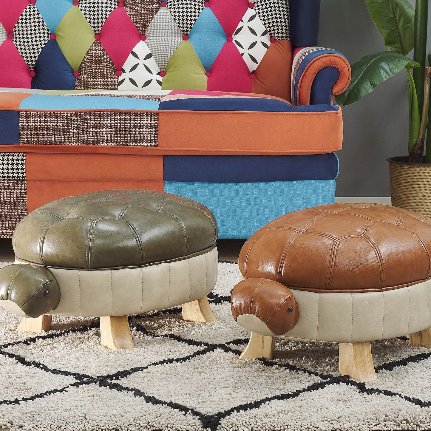 Turtle Stool Green Faux Leather Footstool Wood Legs