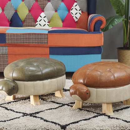 Turtle Stool Green Faux Leather Footstool Wood Legs