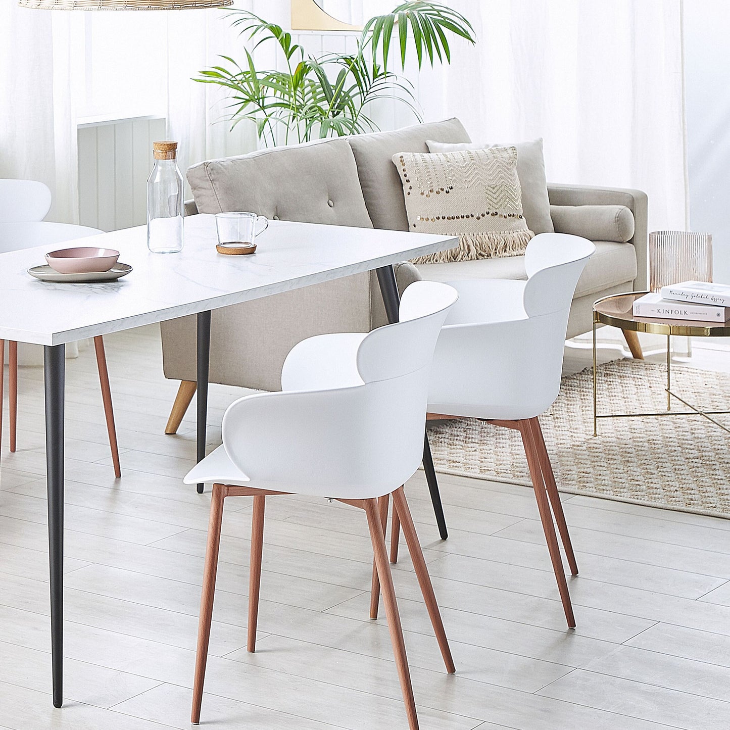 Set Of 2 White Dining Chairs Ergonomic Back Metal Legs