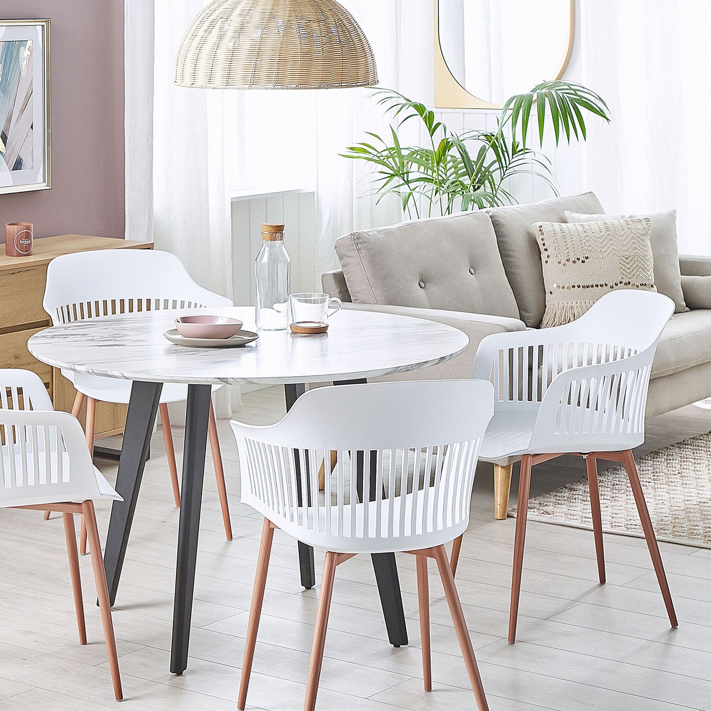 Set Of 2 White Synthetic Dining Chairs With Openwork Back Metal Legs