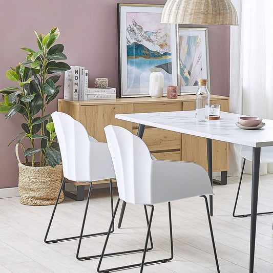 Dining Chairs Set Of 2 White Synthetic With Black Metal Legs