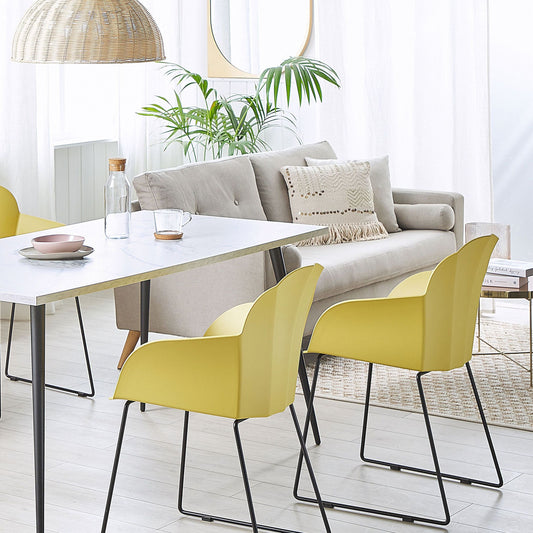 Zenith Yellow Synthetic Dining Chairs Set Of 2 With Black Metal Legs