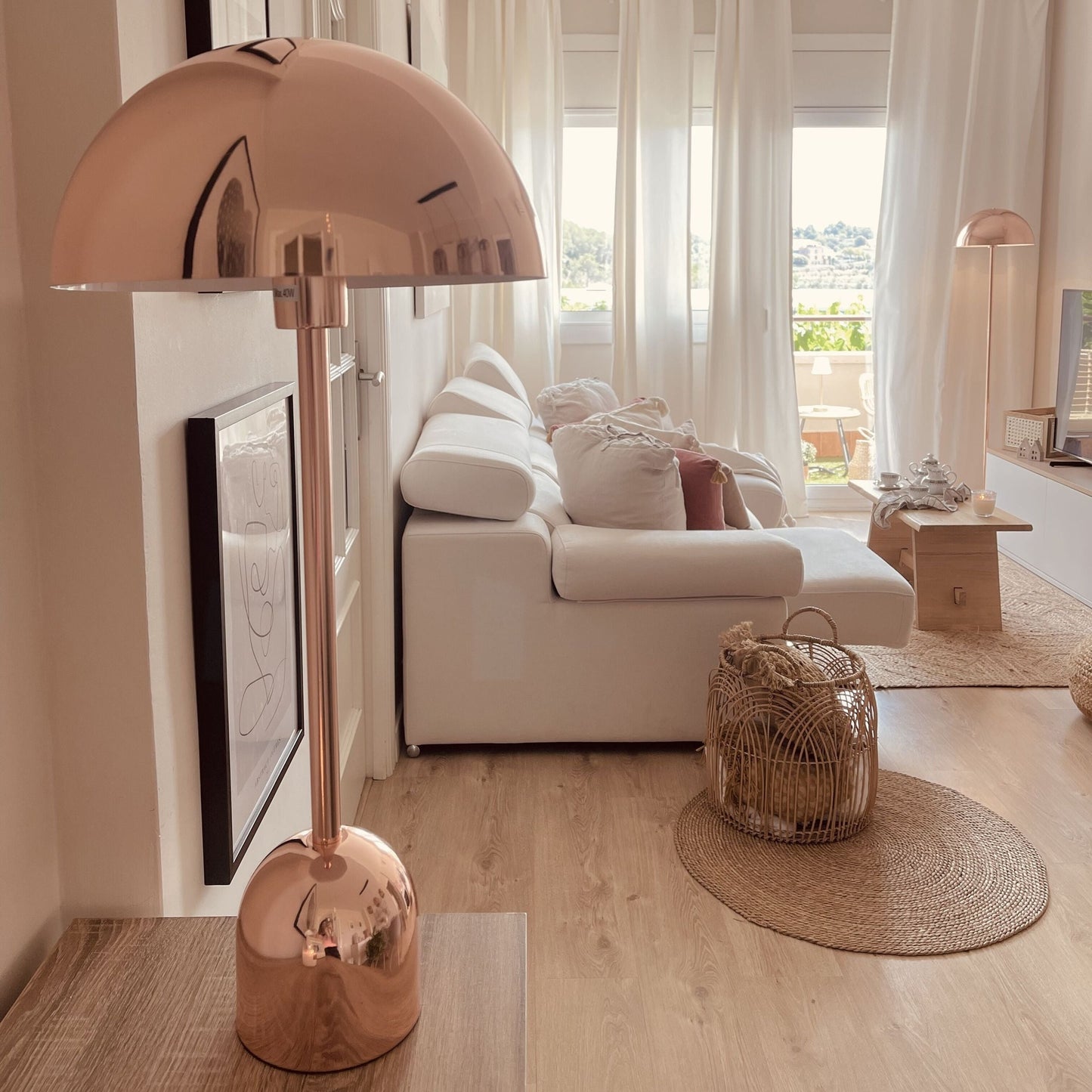 Table Lamp With Glossy Copper Round Shade And Sleek Metal Base For Modern Interiors