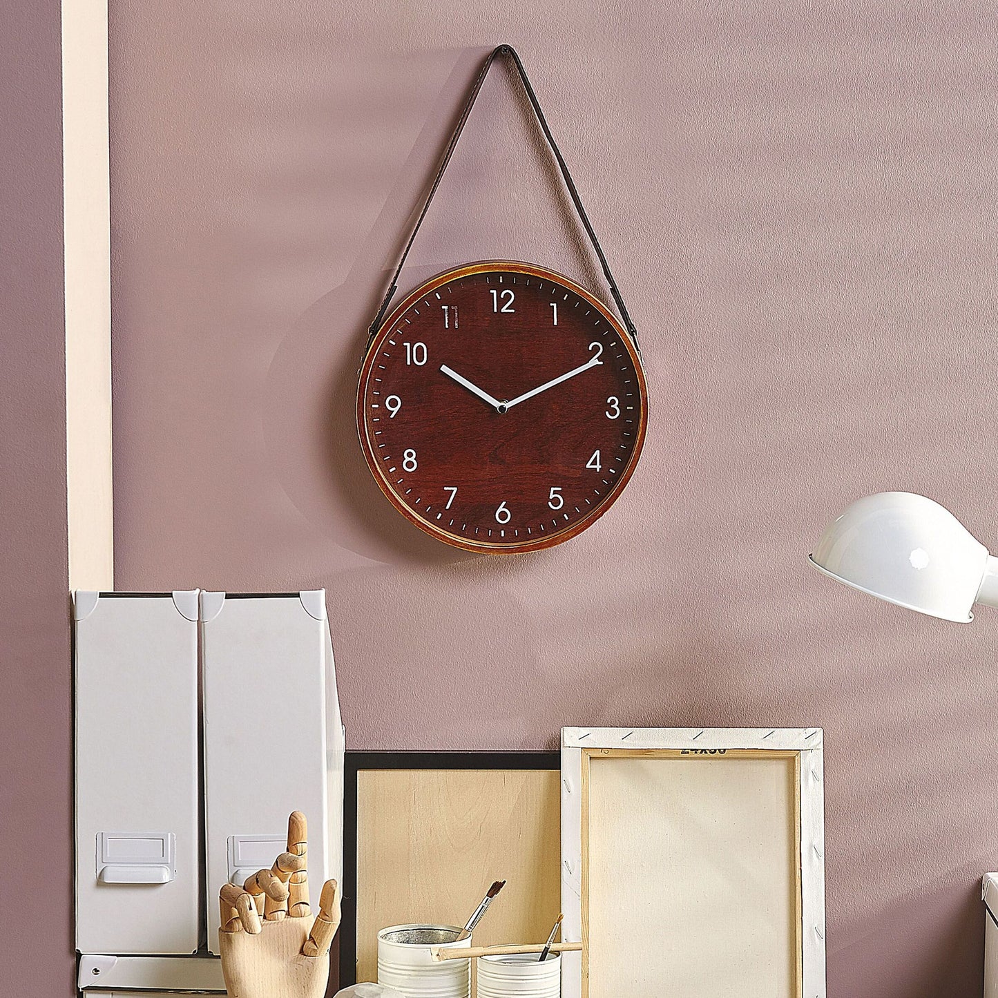 Heritage Home Wall Clock Brown MDF Faux Leather Vintage 26 cm