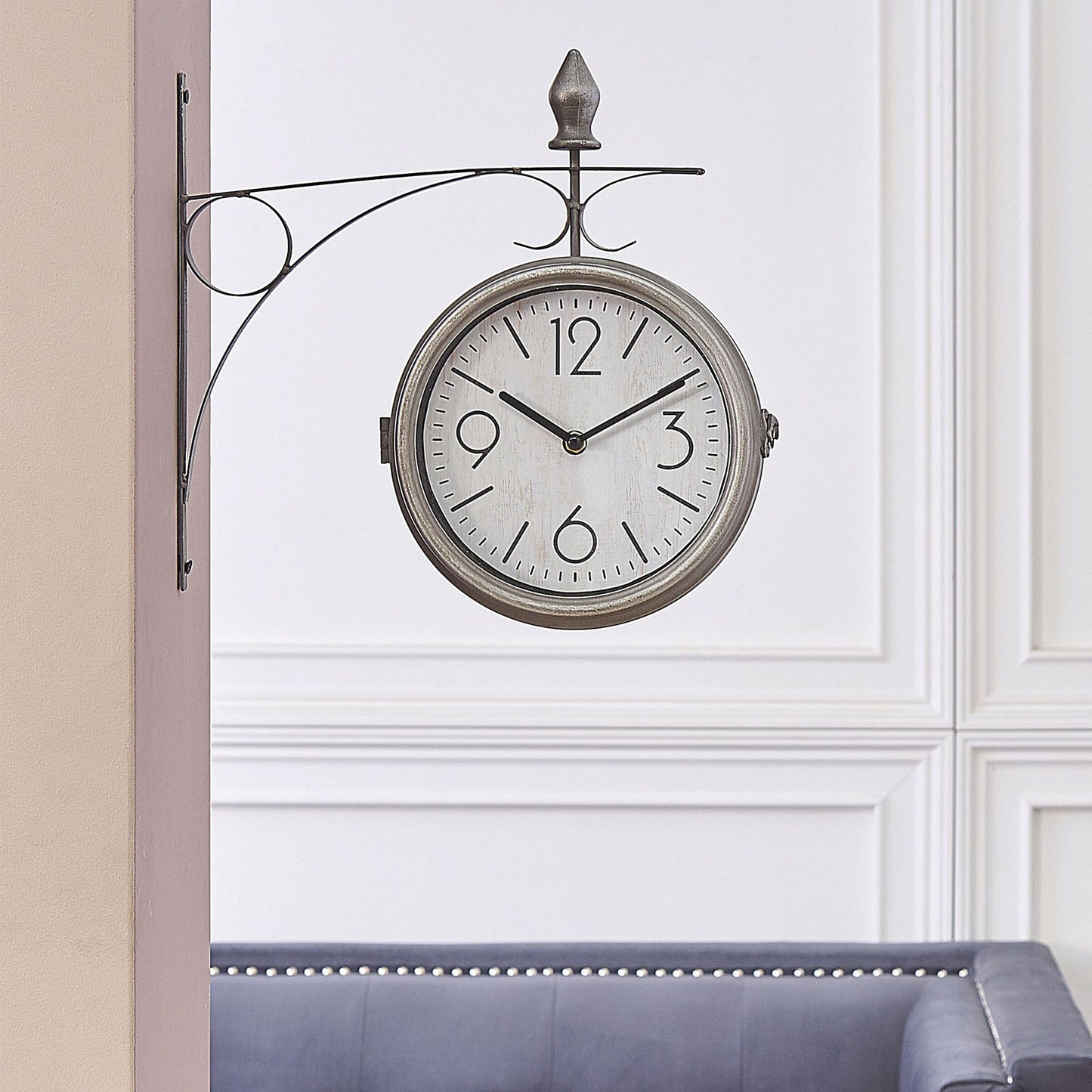 Two-Sided Wall Clock Silver White Iron Vintage