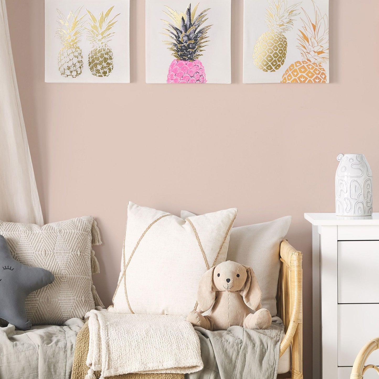 Pineapple Wall Art Set 3 Nylon Prints Gold and Pink 30 x 30
