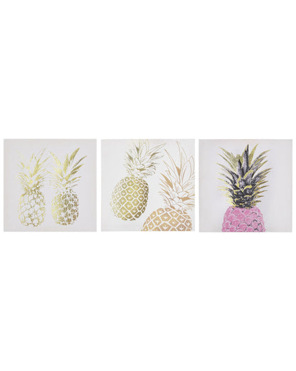 Pineapple Wall Art Set 3 Nylon Prints Gold and Pink 30 x 30