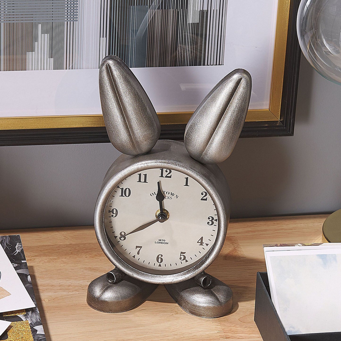 Bunny Table Clock Silver Metal Modern