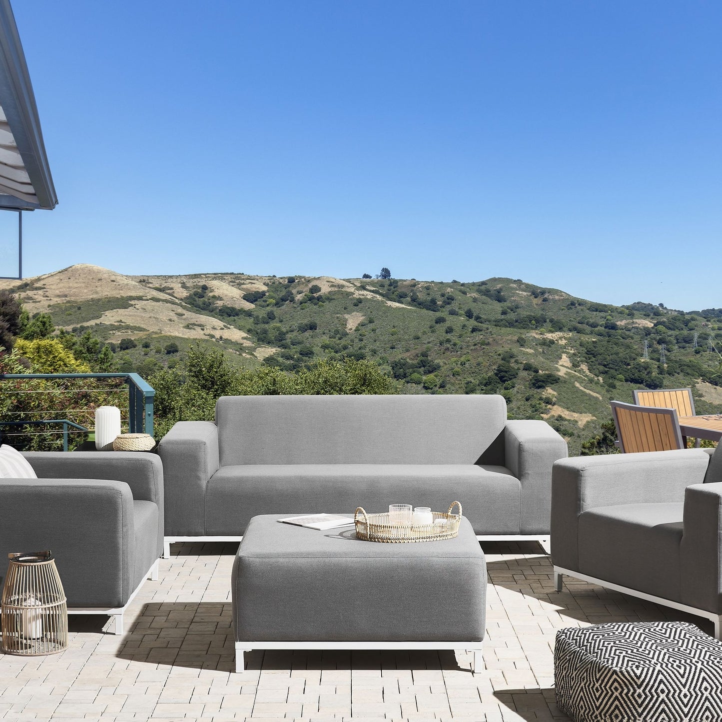 Garden Sofa Set Grey Fabric Upholstery With White Aluminium Legs And Ottoman 5 Seater