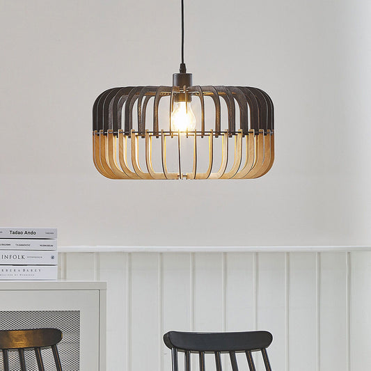 Hanging Pendant Lamp In Light Wood And Black Finish Boho Modern Design