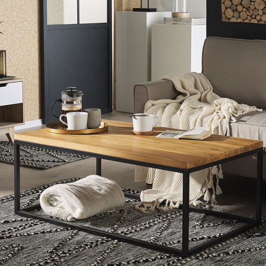 Coffee Table Black Iron Base Teak Top 100 x 60cm