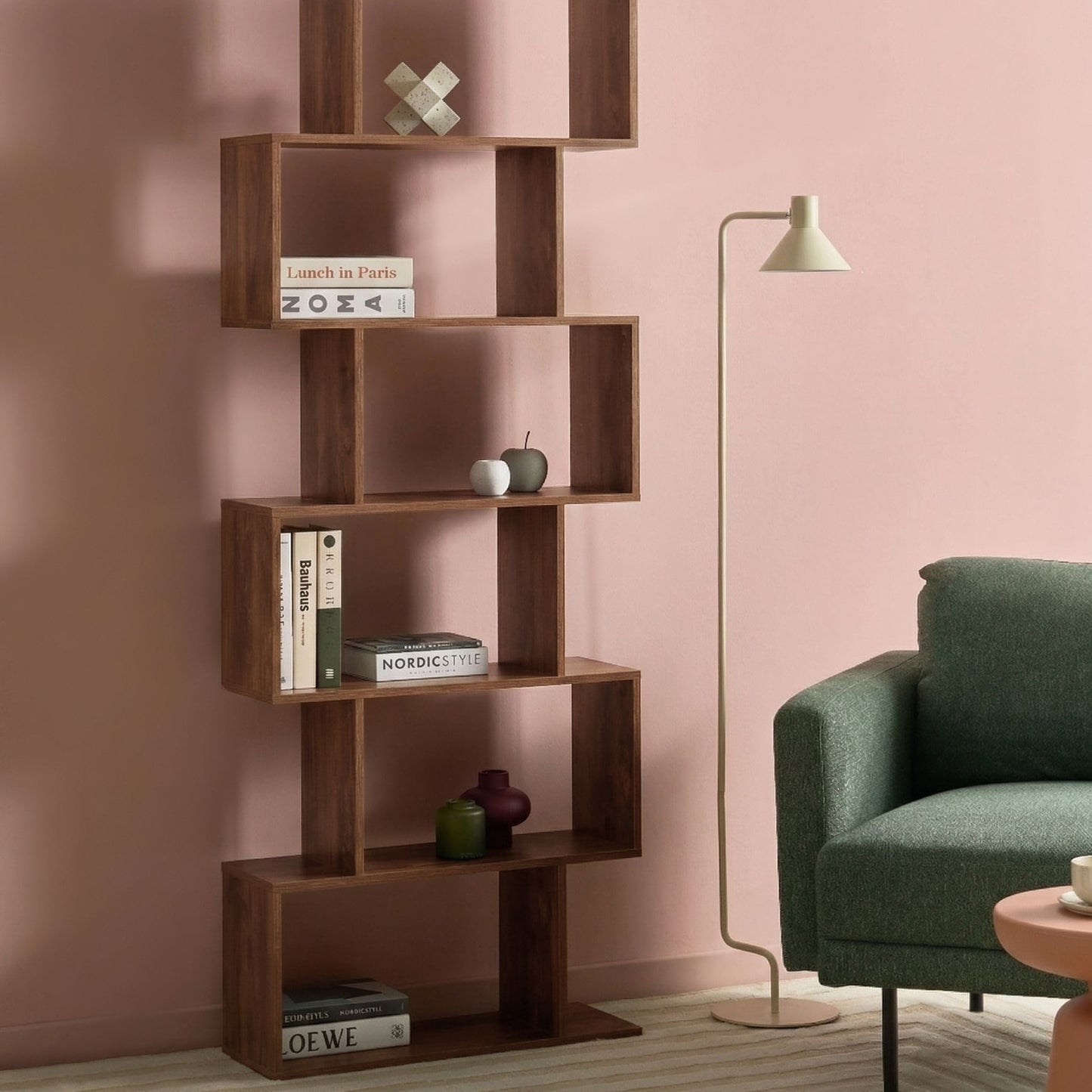 6 Tier Bookcase Dark Brown Open Back Storage Shelf With Irregular Design