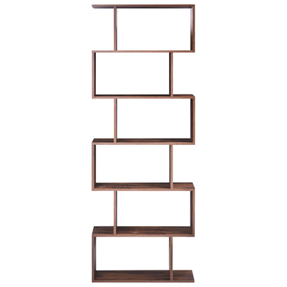 6 Tier Bookcase Dark Brown Open Back Storage Shelf With Irregular Design