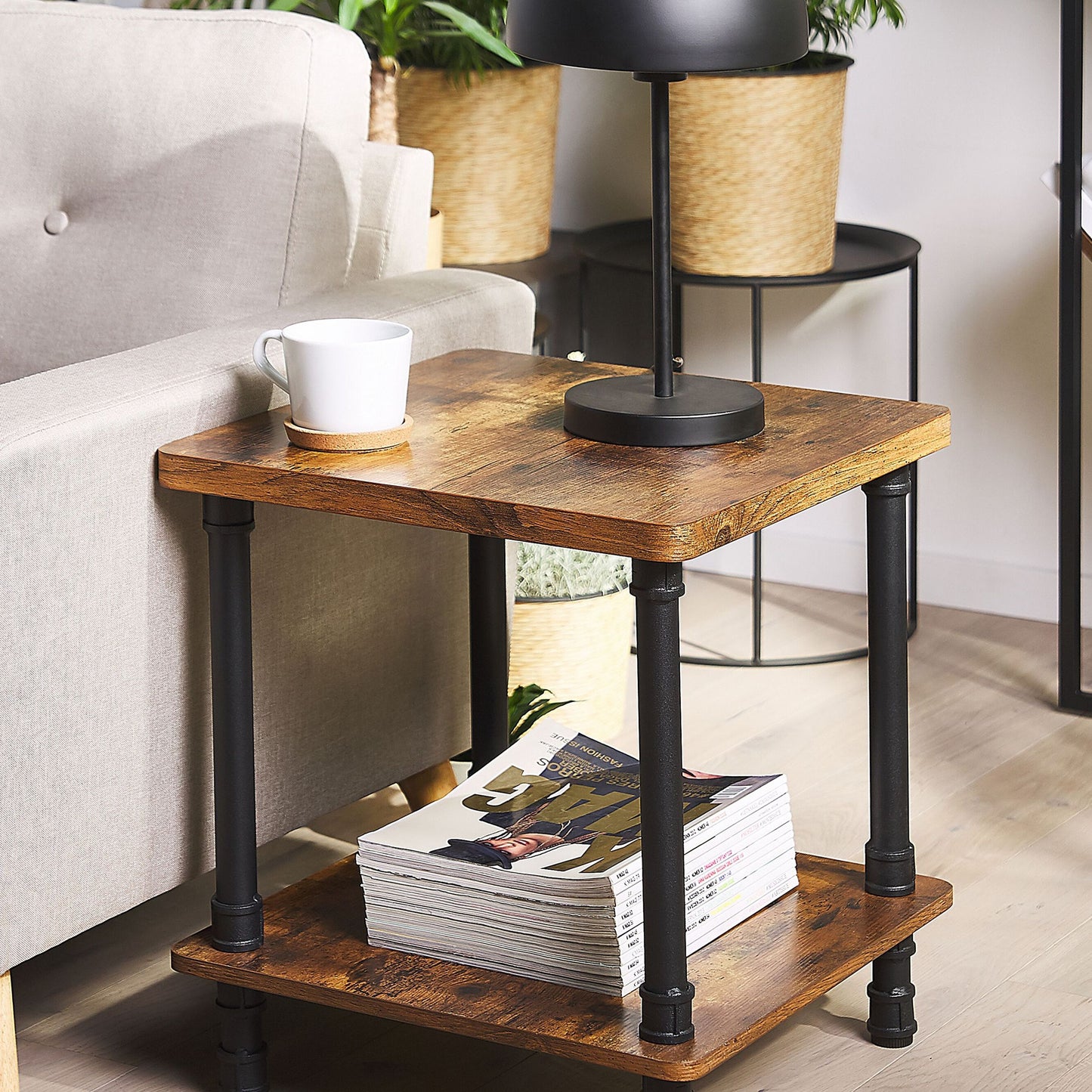 Side End Table Dark Brown Metal Black Frame 1 Shelf