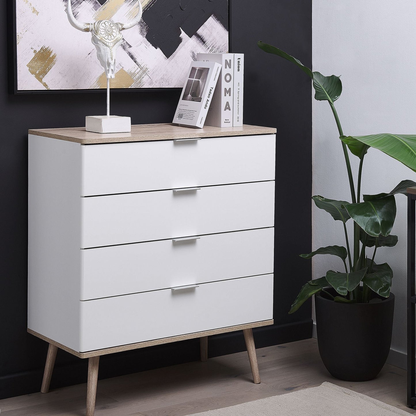 White Chest Of Drawers With 4 Drawers 93 x 79cm Scandinavian Style Storage Cabinet