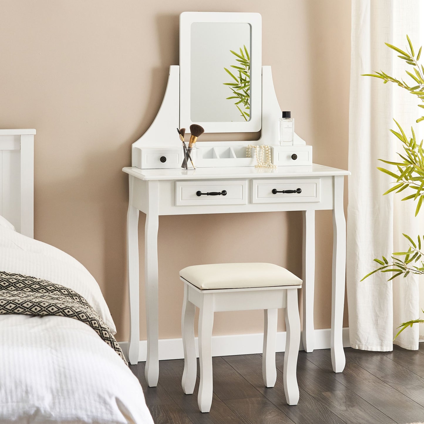 Home Dressing Table White 4 Drawers With Mirror