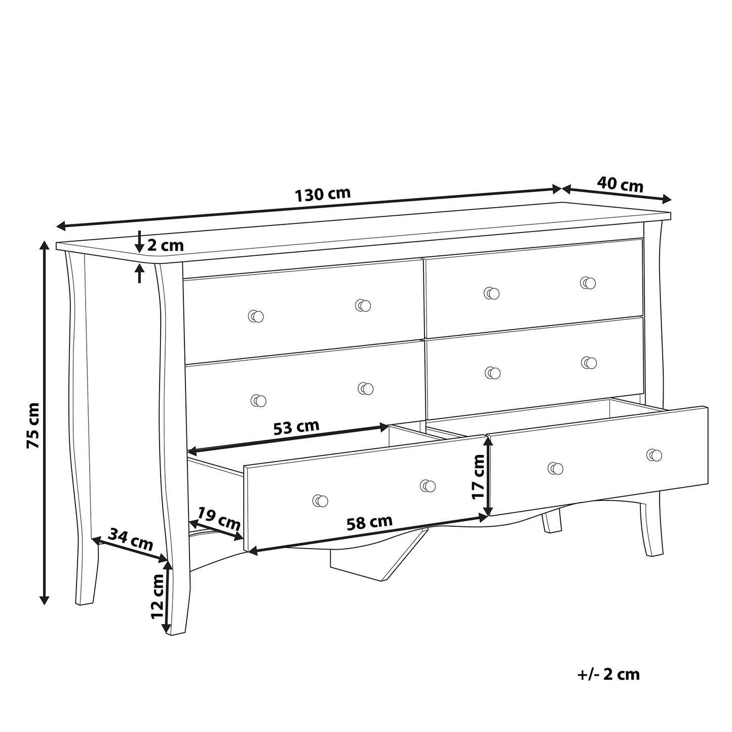 White Chest Of Drawers 6 Drawer Sideboard 75 by 130cm Modern French Style