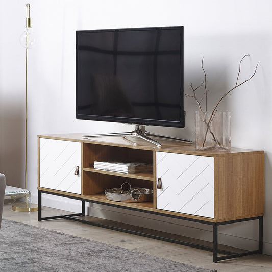 TV Stand Light Brown With White Metal Legs For 75 Inch TVs Modern Media Console With Cable Management
