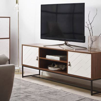 TV Stand Dark Brown White Metal Legs for 75 Inch TVs