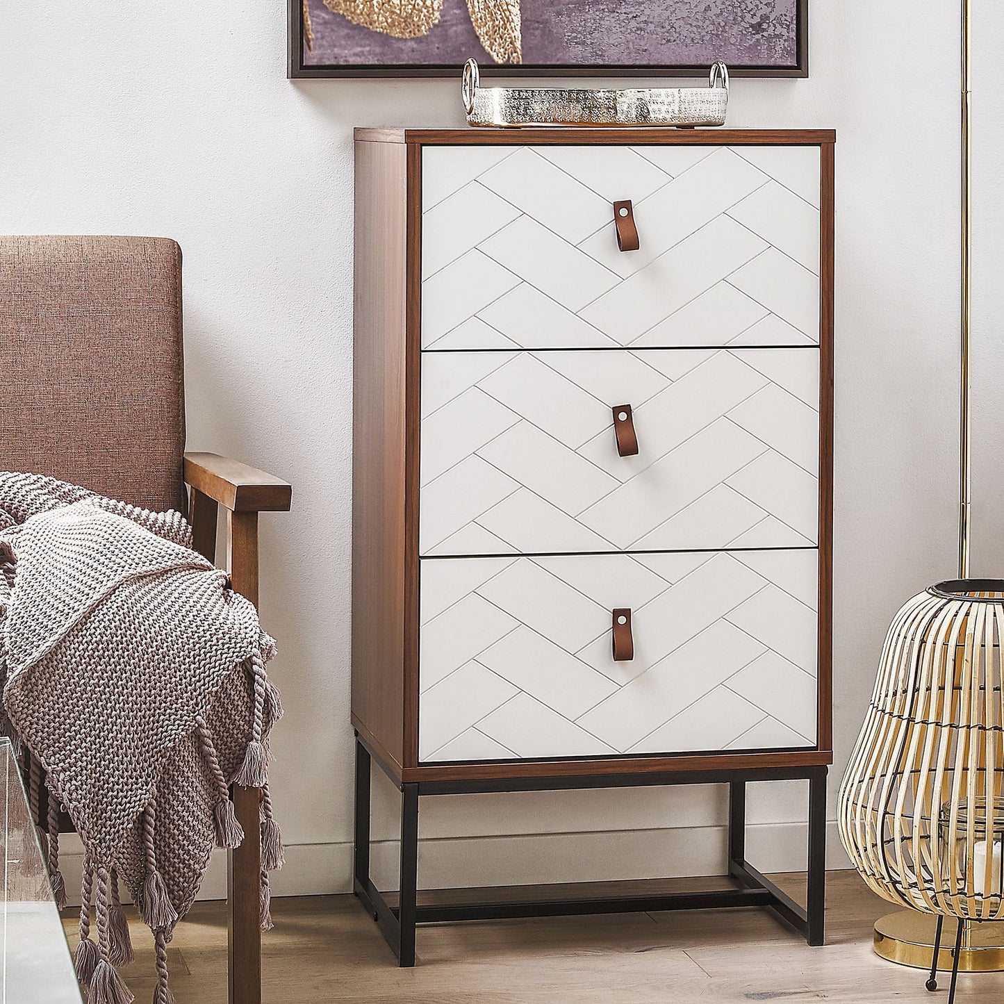 Chest Of Drawers Dark Brown With White Metal Legs Storage Cabinet Dresser 91 By 49cm Modern Traditional Living Room
