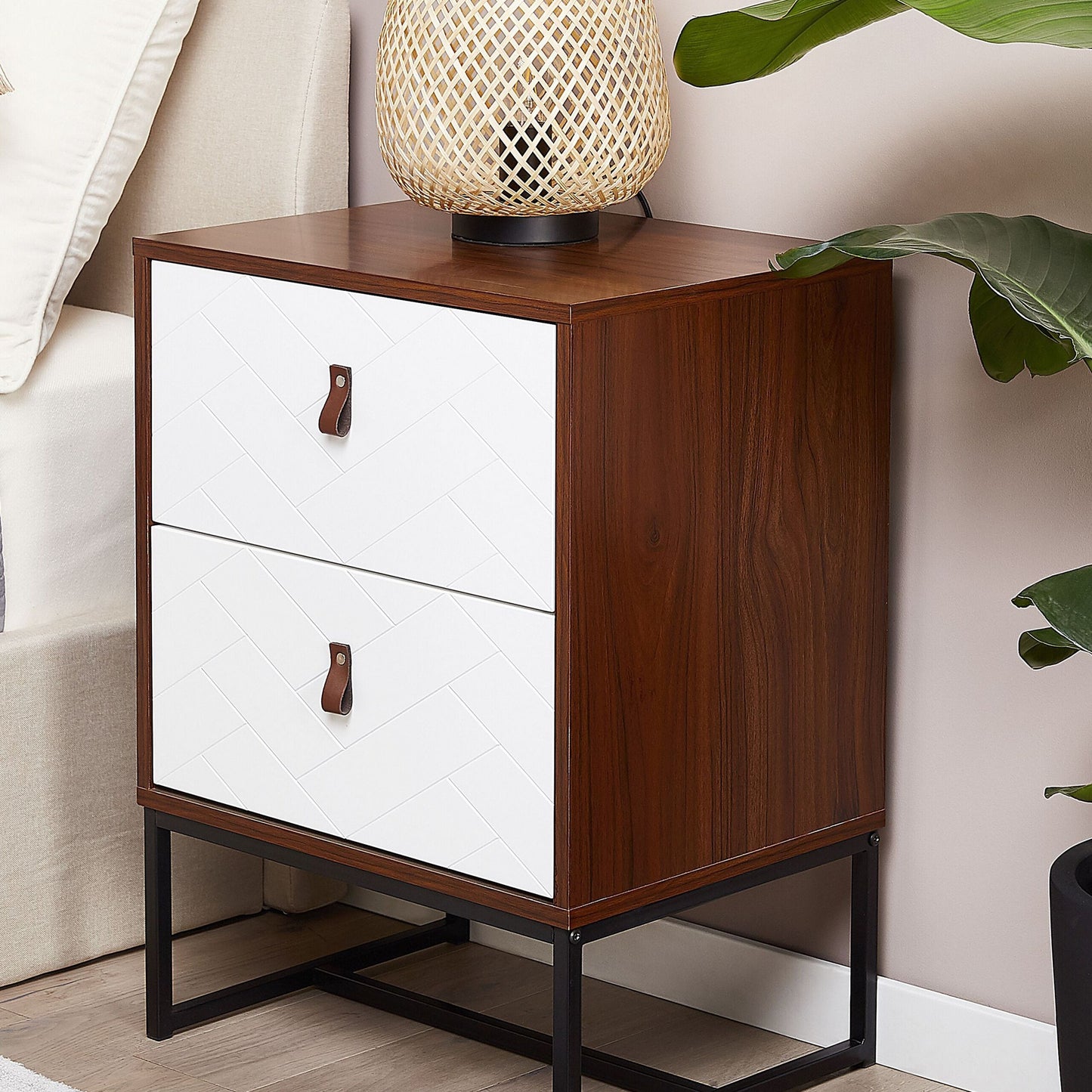 Bedside Table Dark Brown White Metal Legs 69 x 49cm