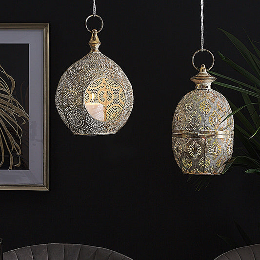 Lantern Gold Metal 34cm Glass Candle Holder Openwork Egg