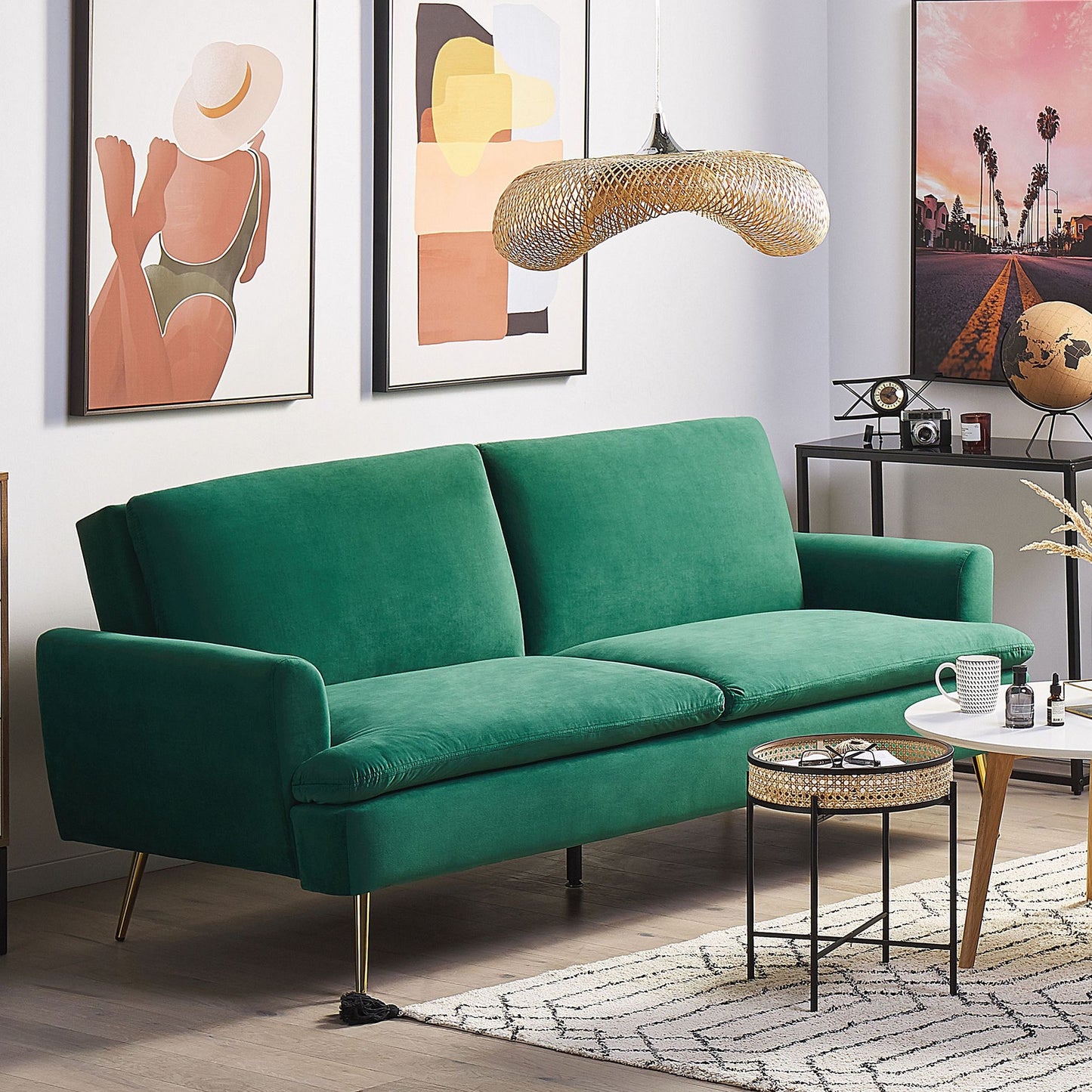 Sofa Bed Dark Green 3 Seater Click Clack Golden Legs