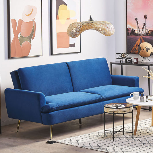 Velvet Sofa Bed Navy Blue 3 Seater Click Clack Gold Legs