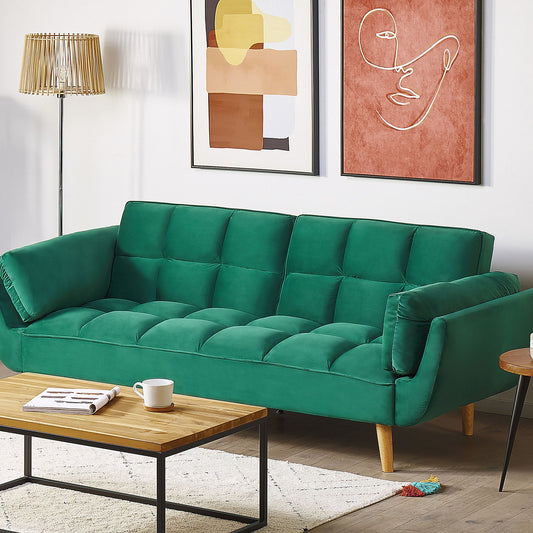 Velvet Sofa Bed 3 Seater Green With Wooden Legs Split Back