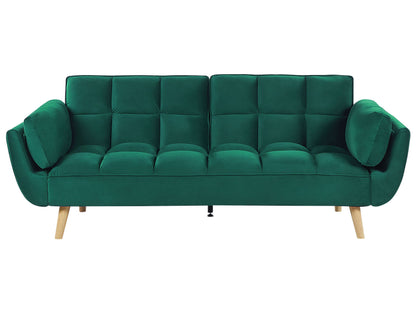 Velvet Sofa Bed 3 Seater Green With Wooden Legs Split Back