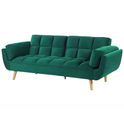 Velvet Sofa Bed 3 Seater Green With Wooden Legs Split Back