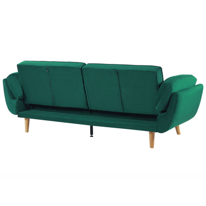 Velvet Sofa Bed 3 Seater Green With Wooden Legs Split Back