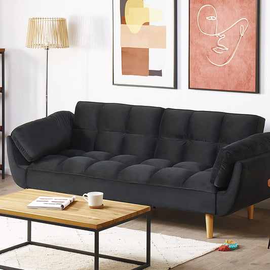 Sofa Bed 3 Seater Black With Biscuit Padding Wooden Legs