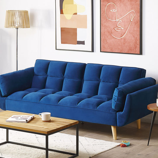 Sofa Bed Navy Velvet 3 Seater With Wooden Legs