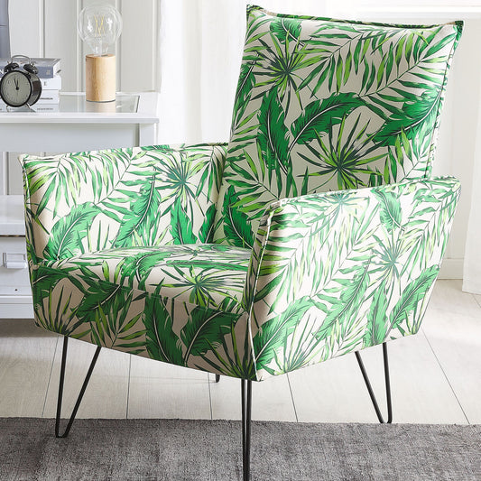 Leaf Loom Armchair White Green Leaf Fabric With Hairpin Legs