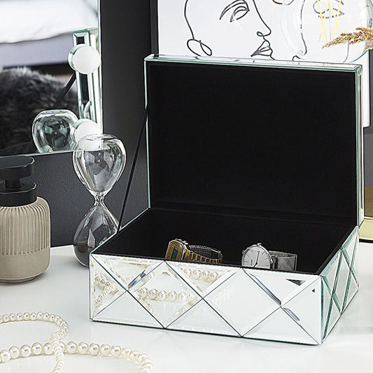 Modern Glam Jewellery Box Silver Glass Mirrored Storage 25 x 18 x 11cm