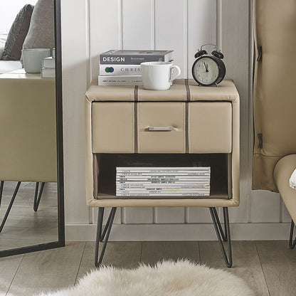 Bedside Table Beige Faux Leather With Hairpin Legs 56cm