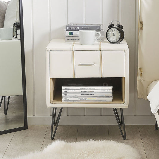Bedside Table White Faux Leather Upholstery Hairpin Legs