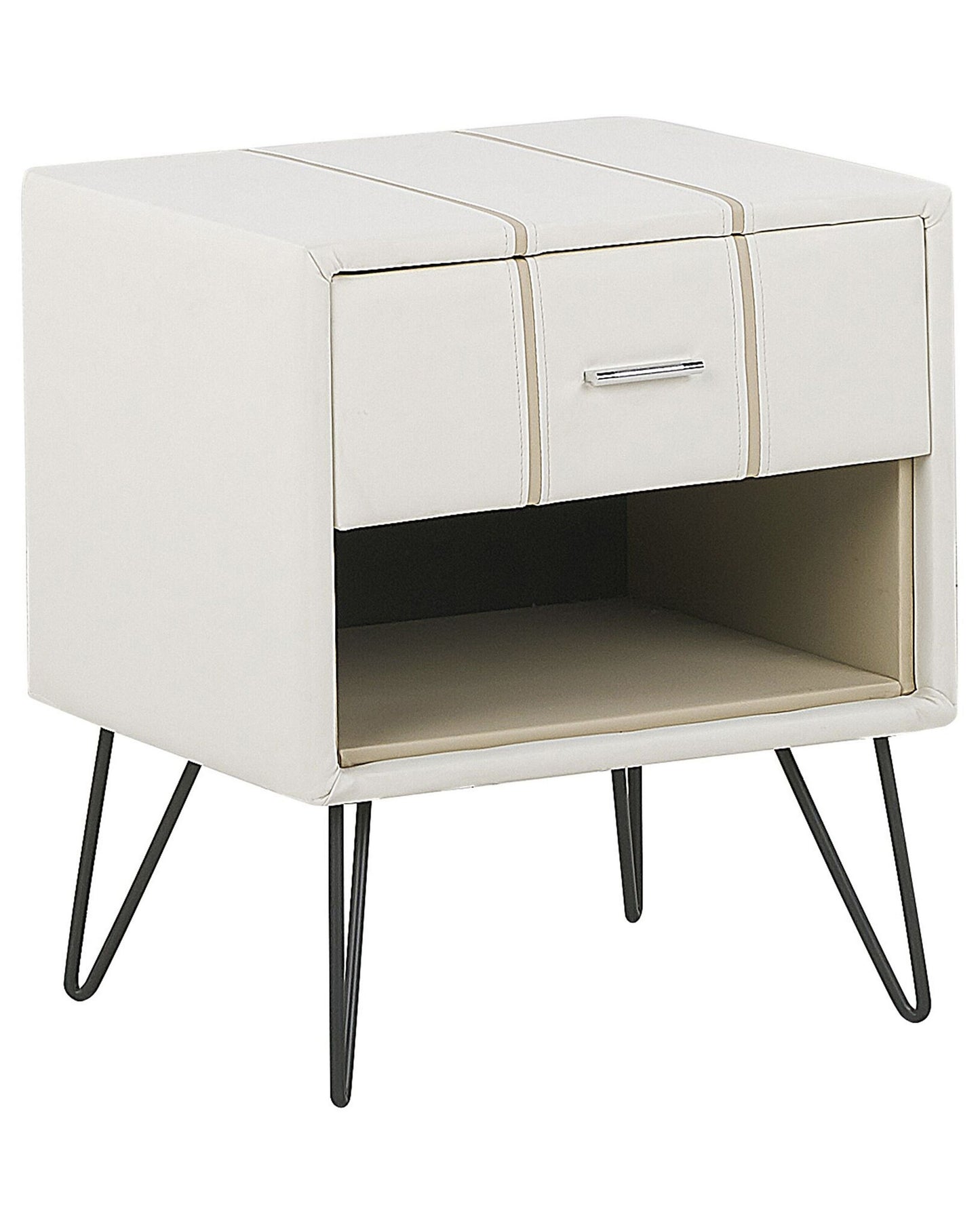 Bedside Table White Faux Leather Upholstery Hairpin Legs