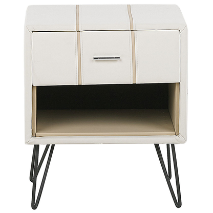 Bedside Table White Faux Leather Upholstery Hairpin Legs
