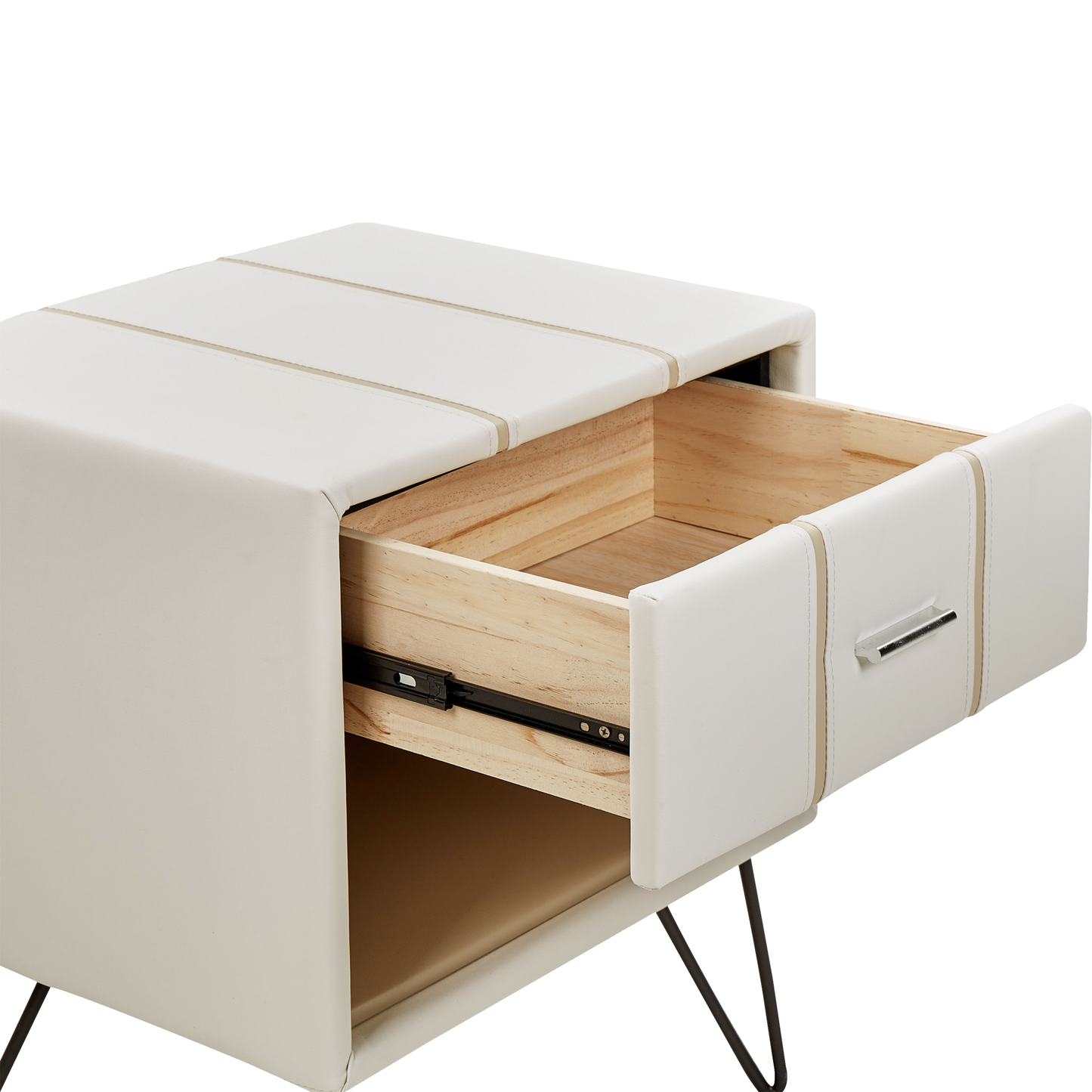 Bedside Table White Faux Leather Upholstery Hairpin Legs