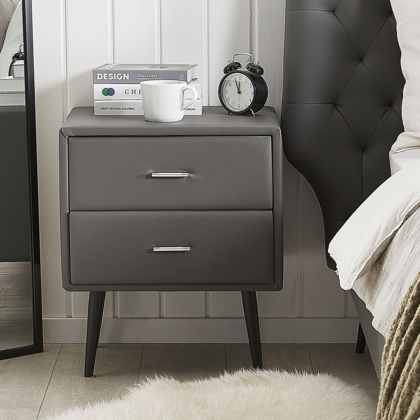 Bedside Table Grey Faux Leather 2 Drawer Nightstand