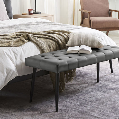 Bench Grey Faux Leather Buttoned Upholstery Metal Legs