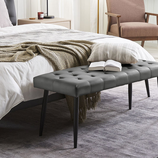 Bench Grey Faux Leather Buttoned Upholstery Metal Legs