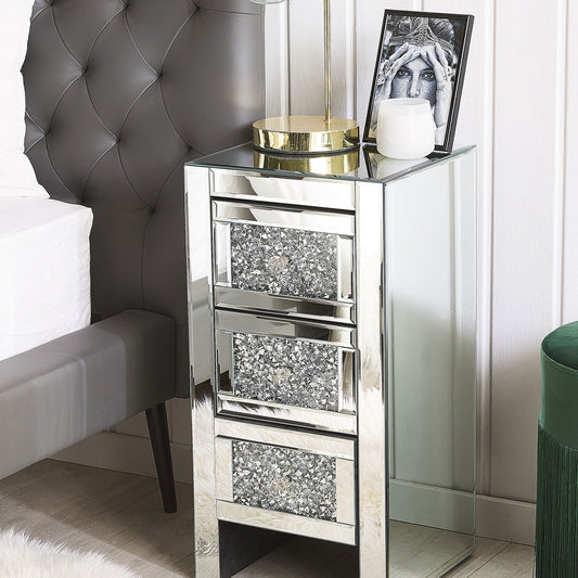Silver Mirrored Bedside Table 3 Drawer 60 x 30 x 30cm