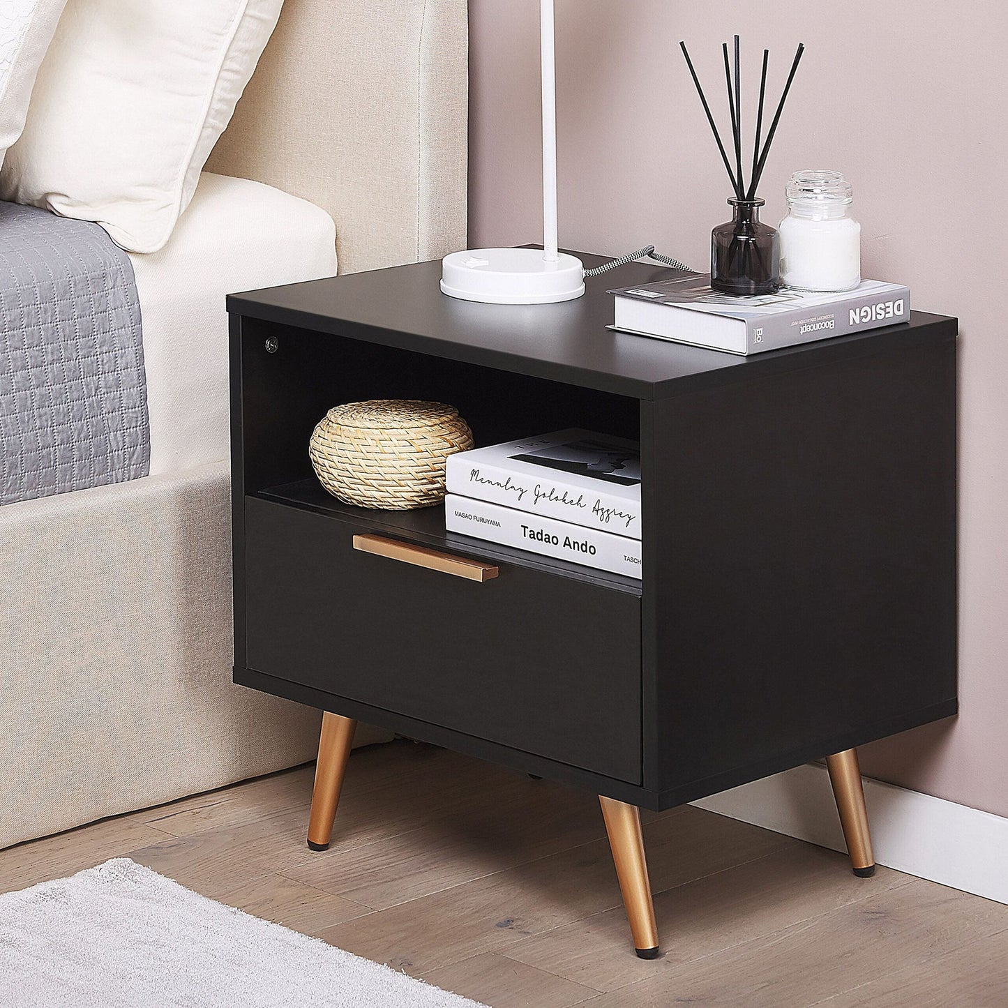 NovaCasa Bedside Table Black MDF With Golden Metal Legs